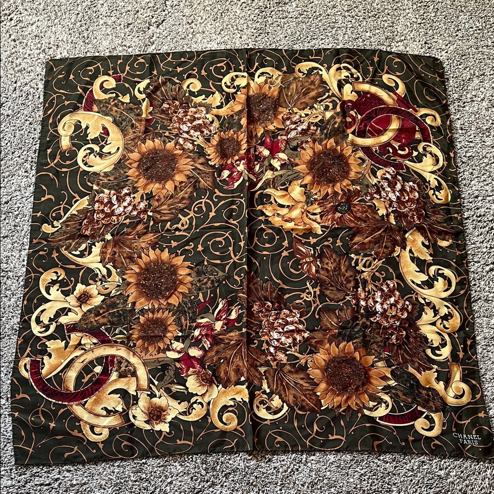 CHANEL Sunflower and Scroll Silk Scarf